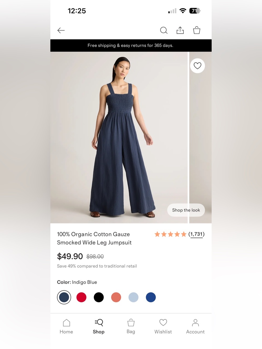 Quince, Smocked Wide-Leg Jumpsuit in Indigo Blue